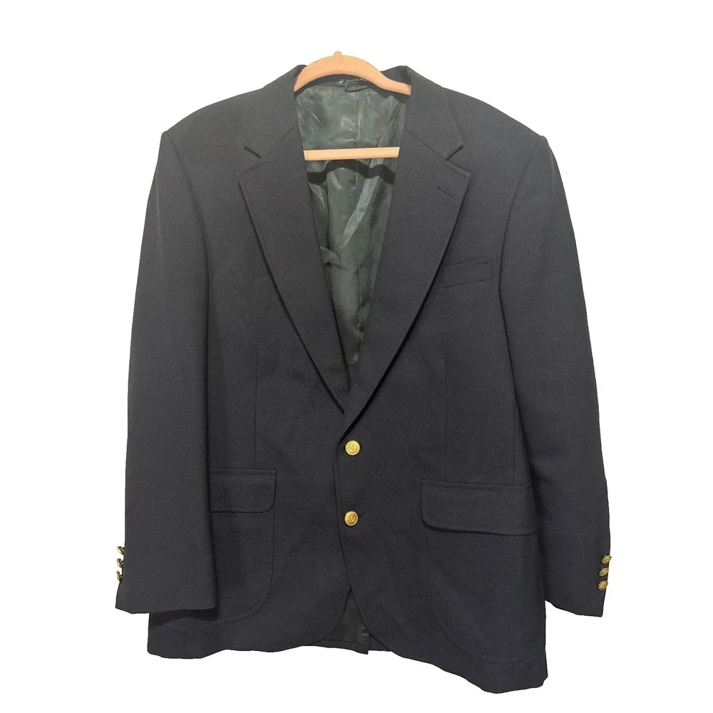 Stafford Men's Gold‎ Button Navy Blue Blazer Sport Coat Jacket Wool Blend 42R